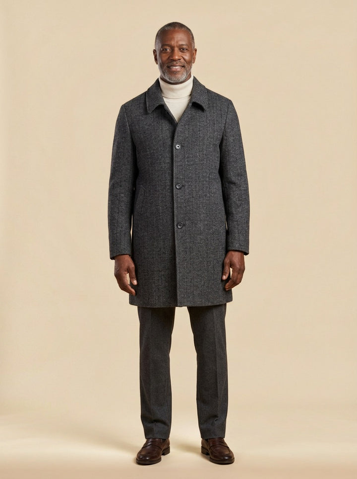 Crandall herringbone overcoat in Grey, studio, Gentlemens Manor