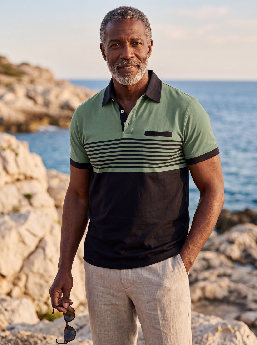 Crawford Men polo shirt in green, worn by a model on a Mediterranean terrace - Gentlemens Manor lifestyle