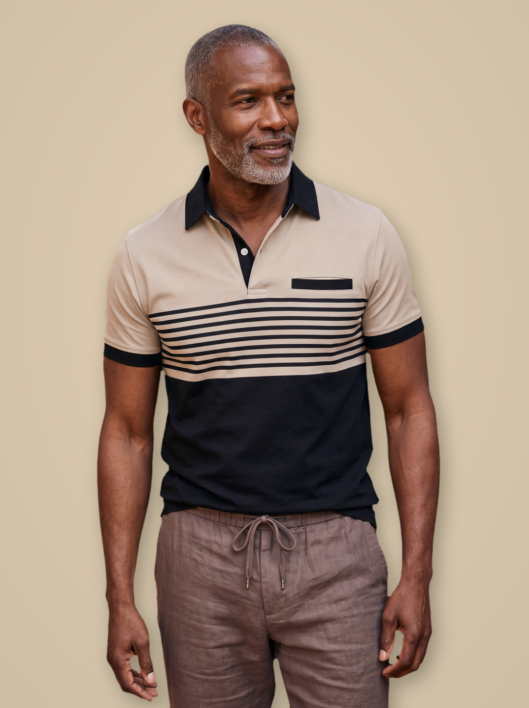 Crawford polo shirt in Sand, studio - Gentlemens Manor