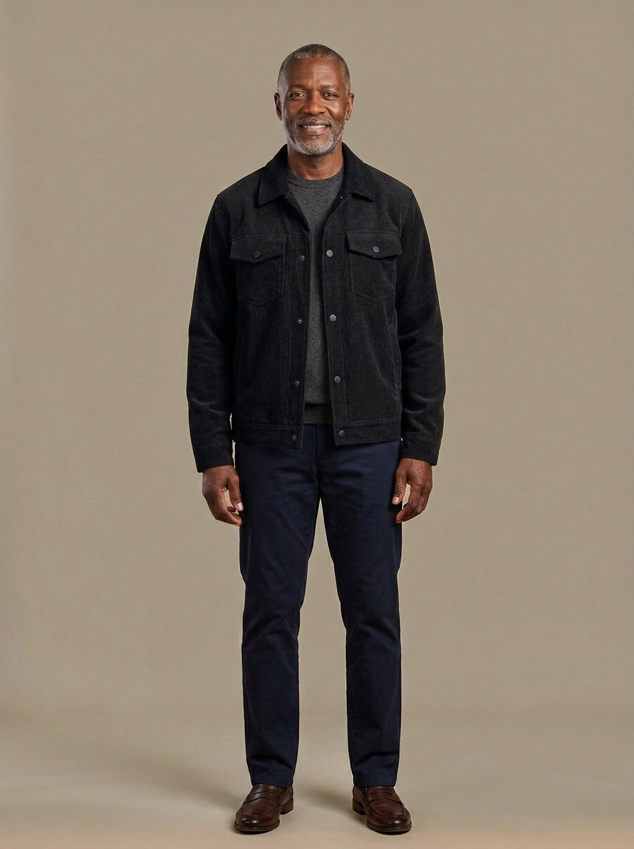 Cromwell corduroy chest pocket jacket in Black, studio, Gentlemens Manor