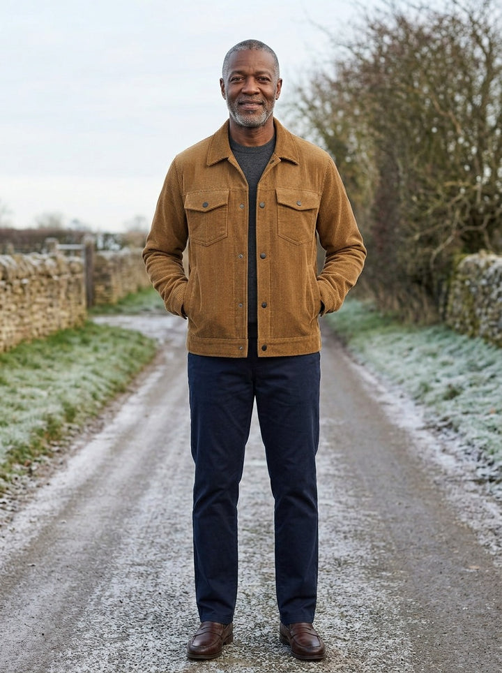 Cromwell corduroy chest pocket jacket in Brown, lifestyle on a country lane, Gentlemens Manor