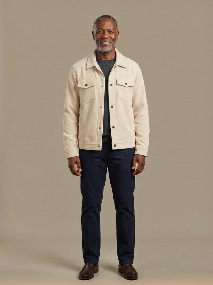 Cromwell corduroy chest pocket jacket in Cream, studio, Gentlemens Manor
