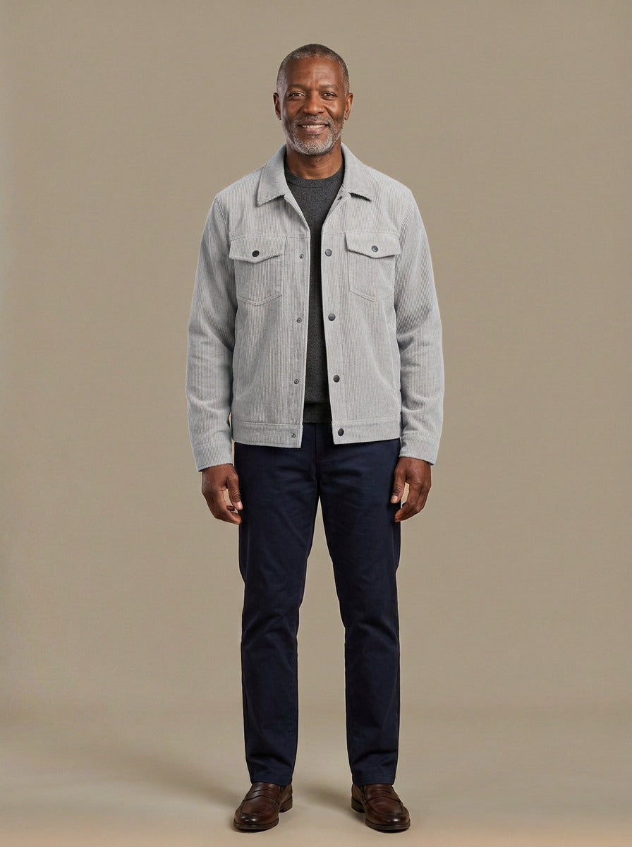 Cromwell corduroy chest pocket jacket in Light Grey, studio, Gentlemens Manor