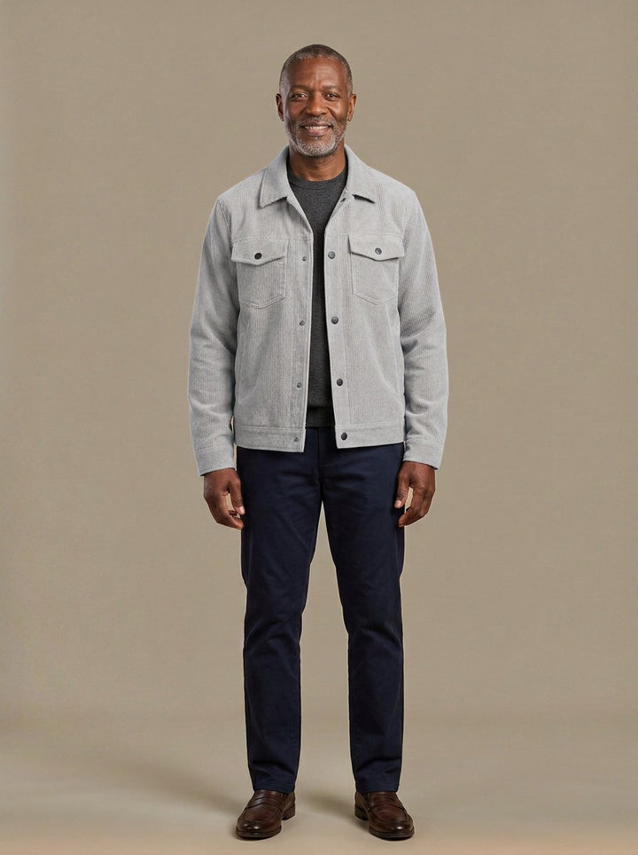 Cromwell corduroy chest pocket jacket in Light Grey, studio, Gentlemens Manor