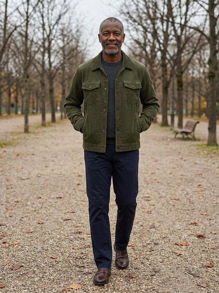 Cromwell corduroy chest pocket jacket in Olive, lifestyle on a park path, Gentlemens Manor