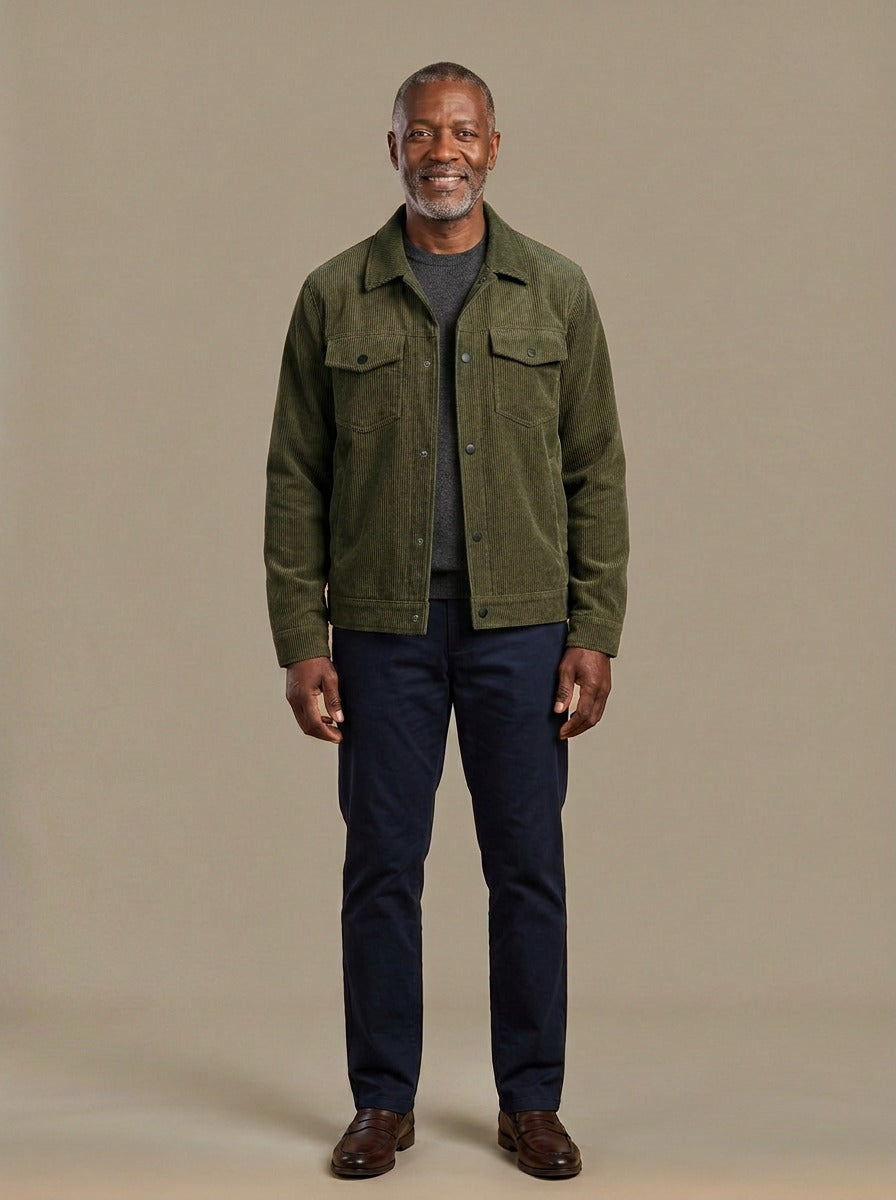 Cromwell corduroy chest pocket jacket in Olive, studio, Gentlemens Manor