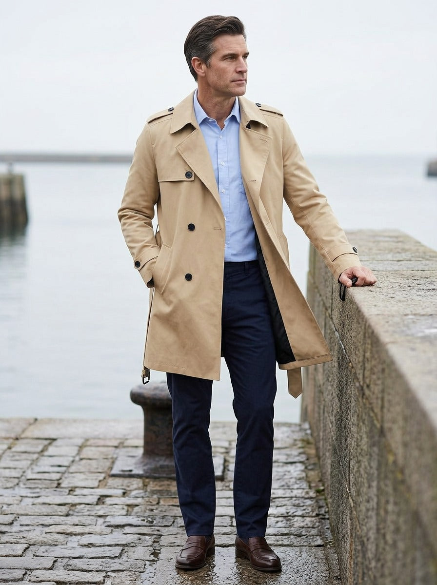 Crosby trench coat in Sand, lifestyle on a stone harbor quay, Gentlemens Manor