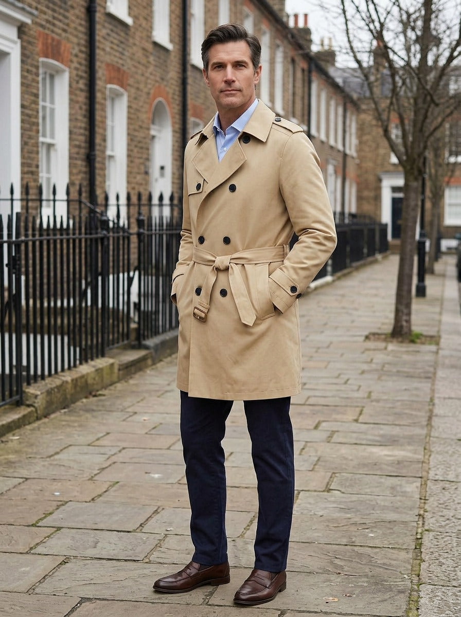 Crosby trench coat in Sand, lifestyle on a street of brick row houses, Gentlemens Manor