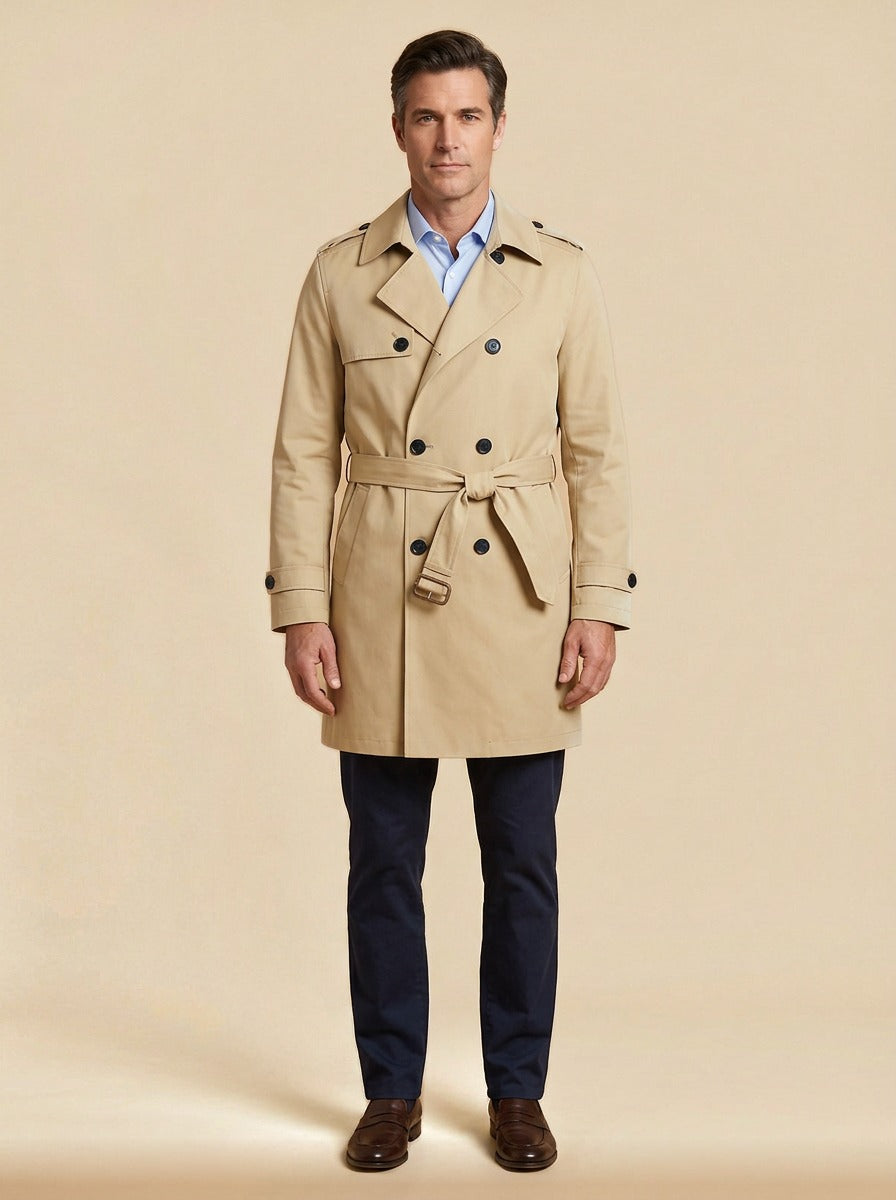 Crosby trench coat in Sand, studio, Gentlemens Manor
