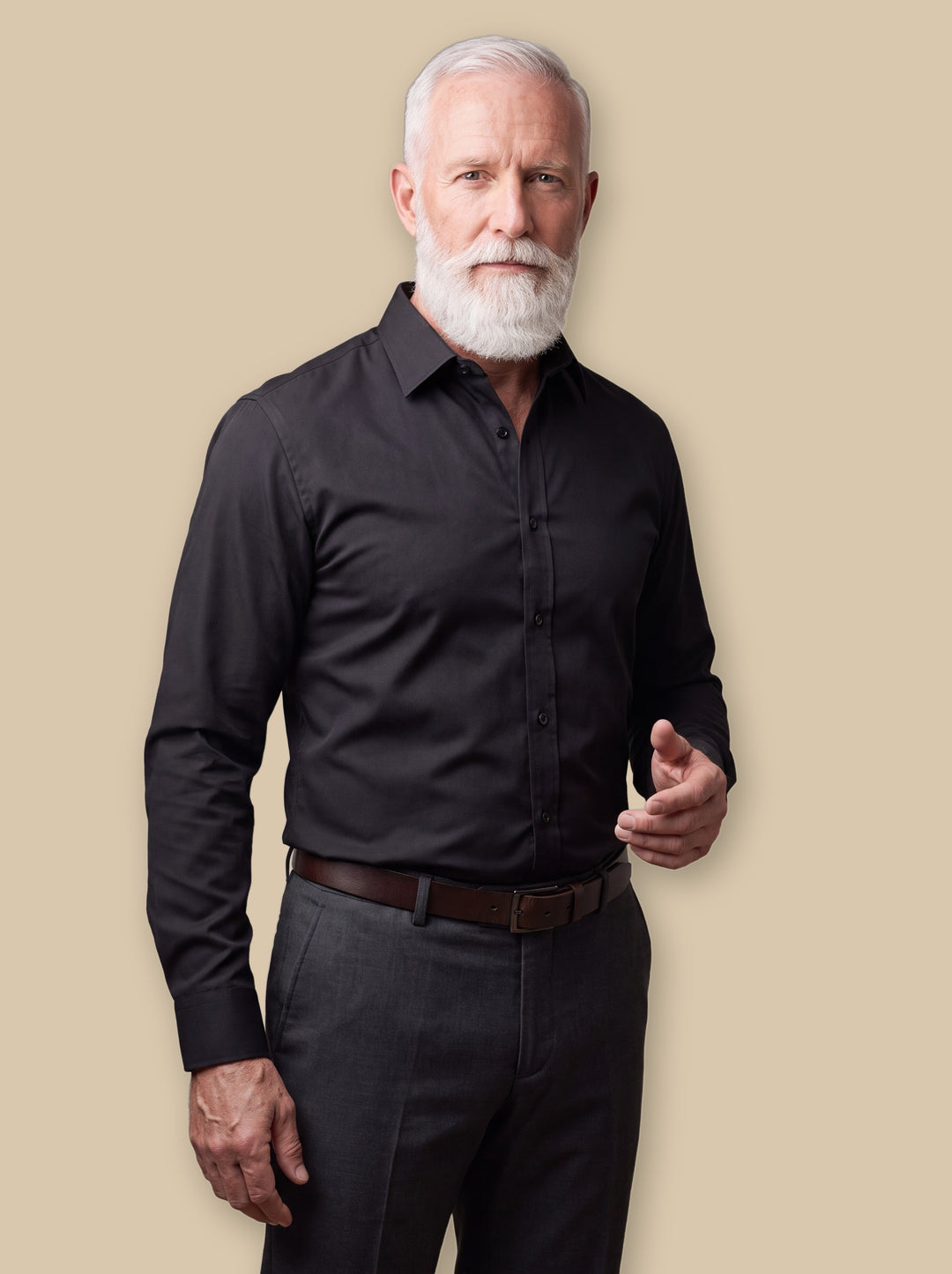 Curtis dress shirt in Black, worn by a model on a warm sand studio background - Gentlemens Manor