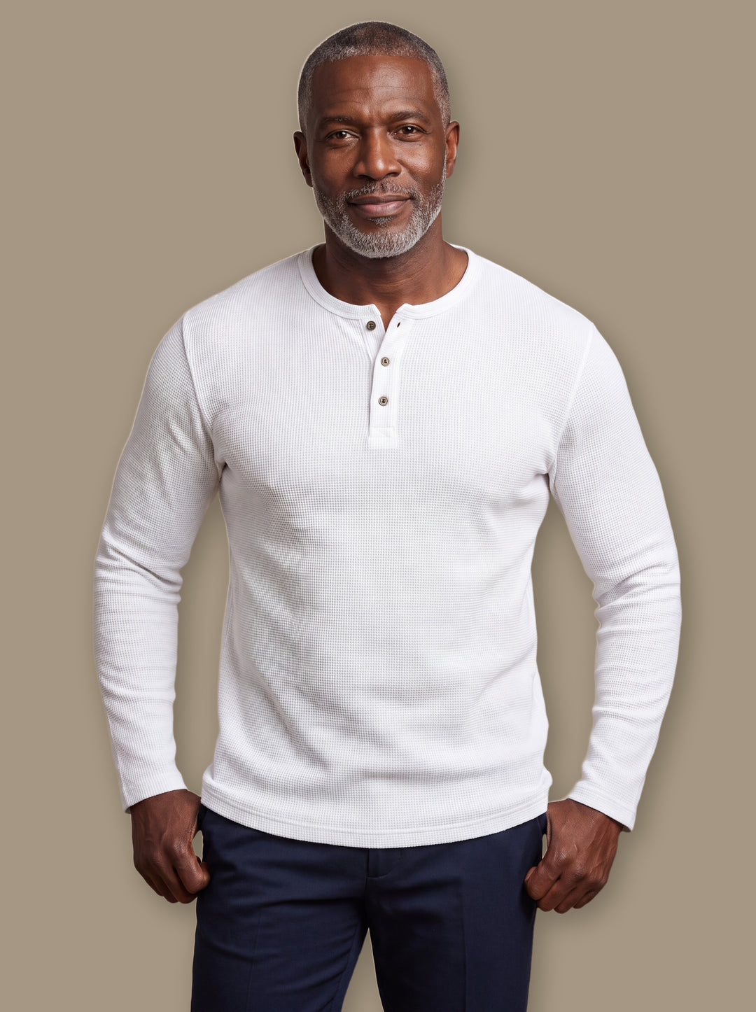Cyrus henley thermal shirt in White, worn by a model on a warm taupe studio background - Gentlemens Manor