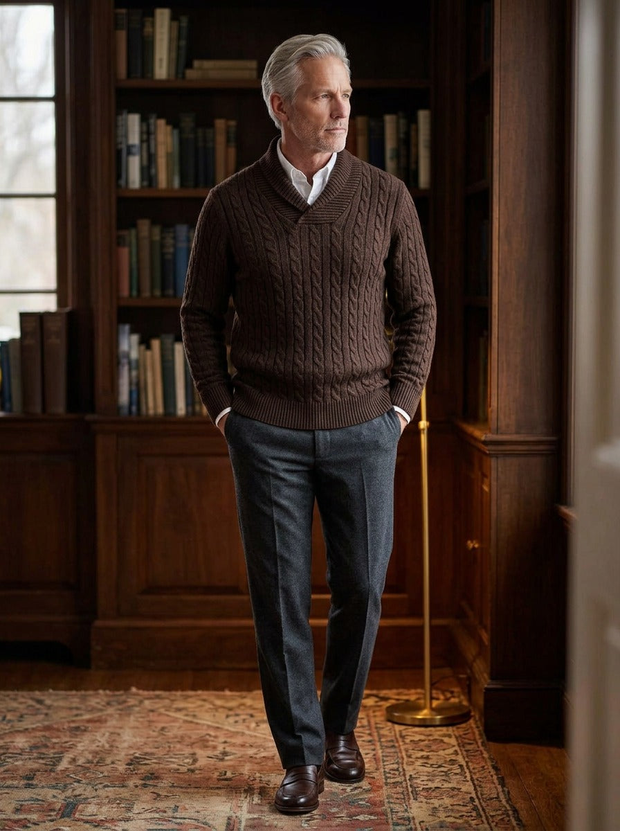 Dalby cable knit shawl collar sweater in Brown, lifestyle in a private study, Gentlemens Manor