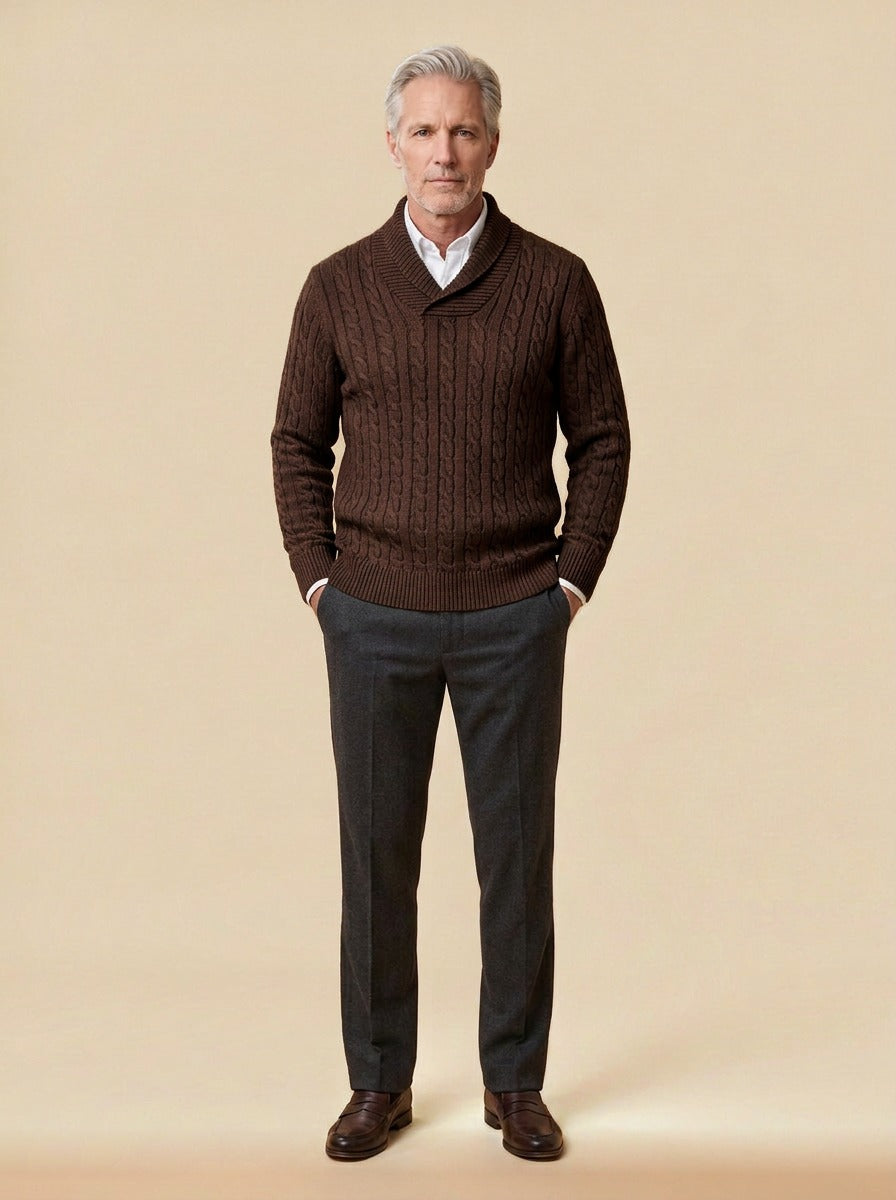 Dalby cable knit shawl collar sweater in Brown, studio, Gentlemens Manor