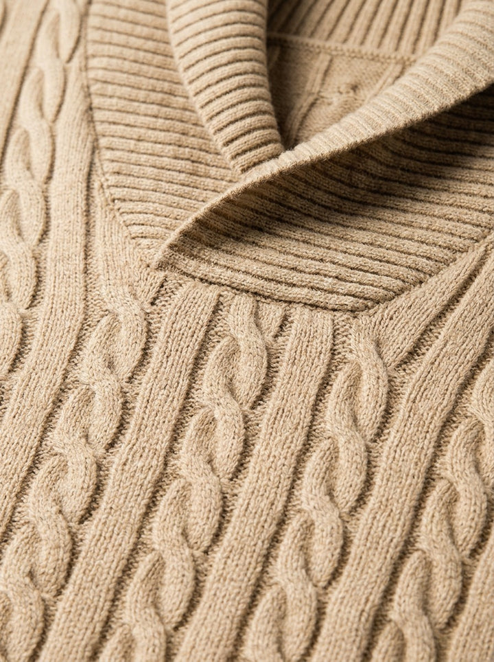 Dalby cable knit shawl collar sweater, fabric close up, Gentlemens Manor
