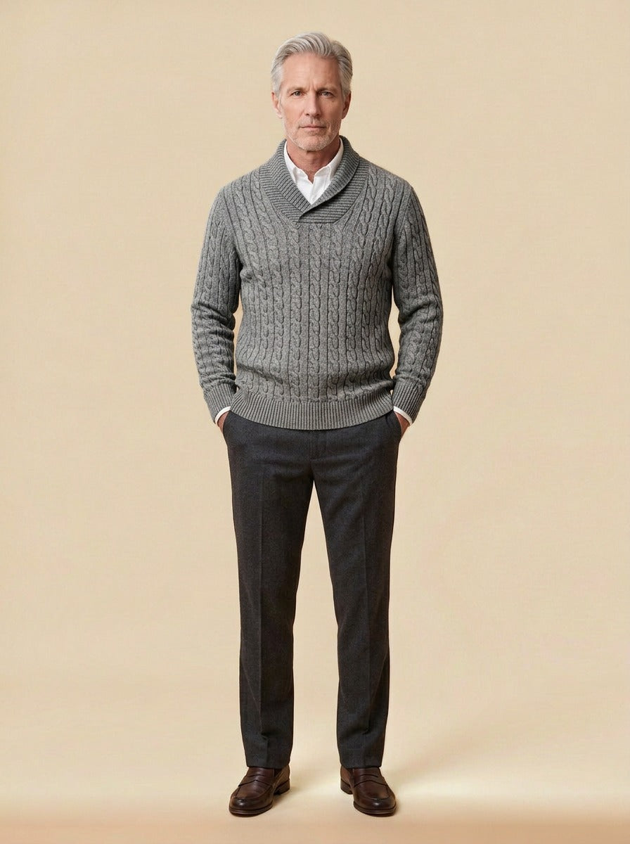 Dalby cable knit shawl collar sweater in Grey, studio, Gentlemens Manor