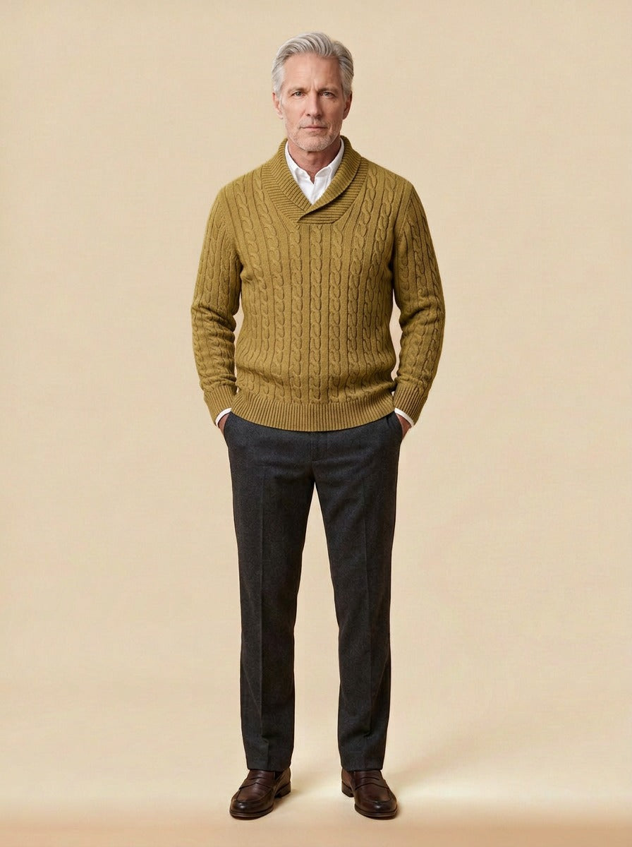 Dalby cable knit shawl collar sweater in Olive, studio, Gentlemens Manor