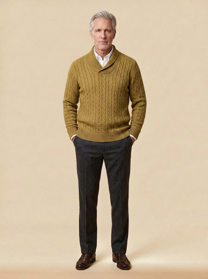 Dalby cable knit shawl collar sweater in Olive, studio, Gentlemens Manor