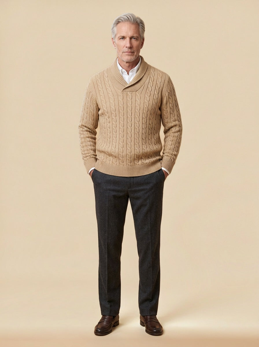 Dalby cable knit shawl collar sweater in Sand, studio, Gentlemens Manor