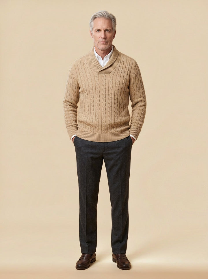 Dalby cable knit shawl collar sweater in Sand, studio, Gentlemens Manor