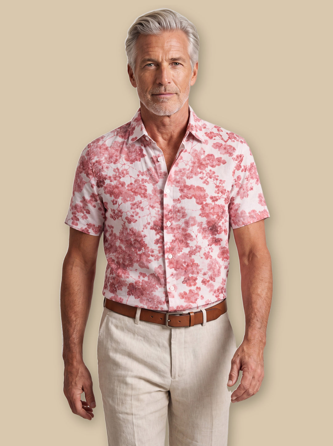 Dale beach shirt in Black/Pink, worn by a model on a warm sand studio background - Gentlemens Manor