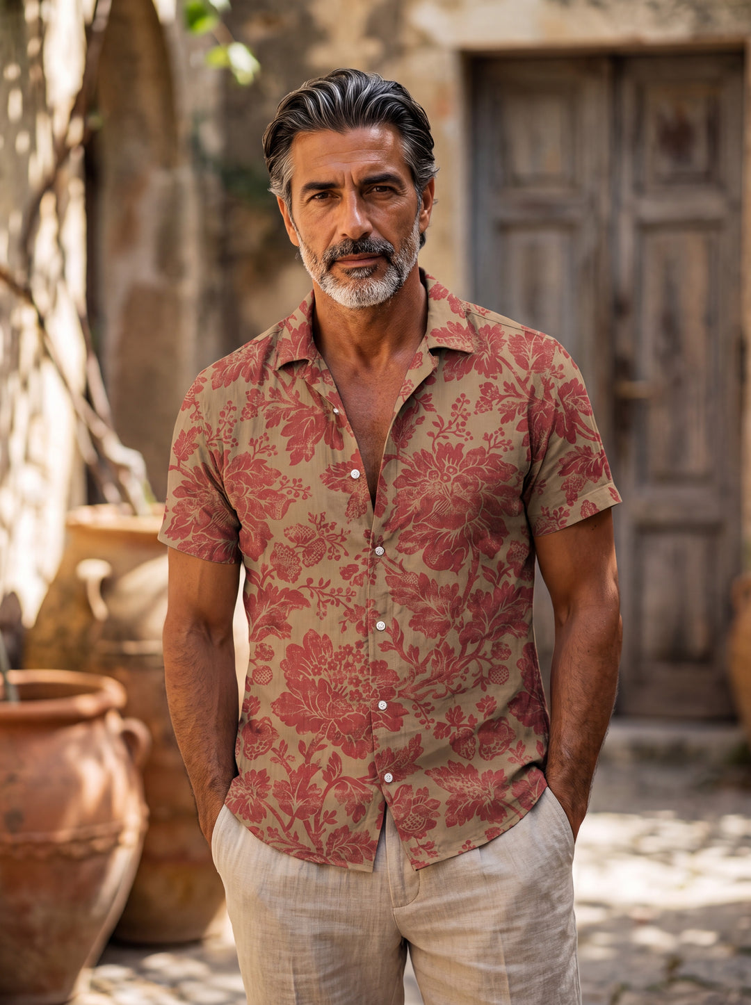 Dale Men short sleeve shirt in Sand, worn by a model on a Mediterranean terrace - Gentlemens Manor lifestyle