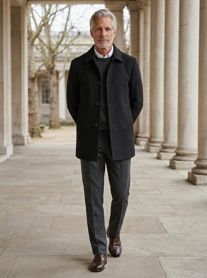 Danforth plush lined car coat in Black, lifestyle in a stone colonnade, Gentlemens Manor