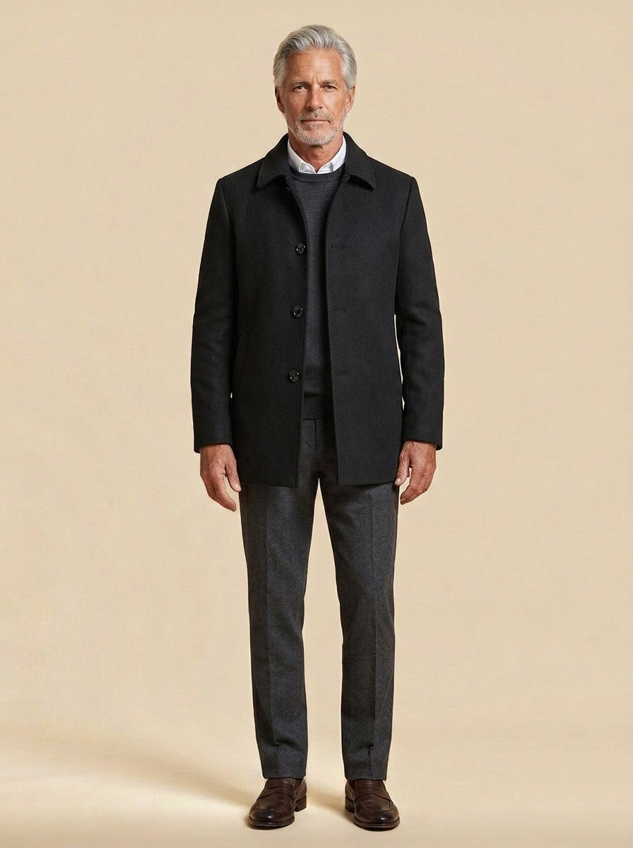 Danforth plush lined car coat in Black, studio, Gentlemens Manor