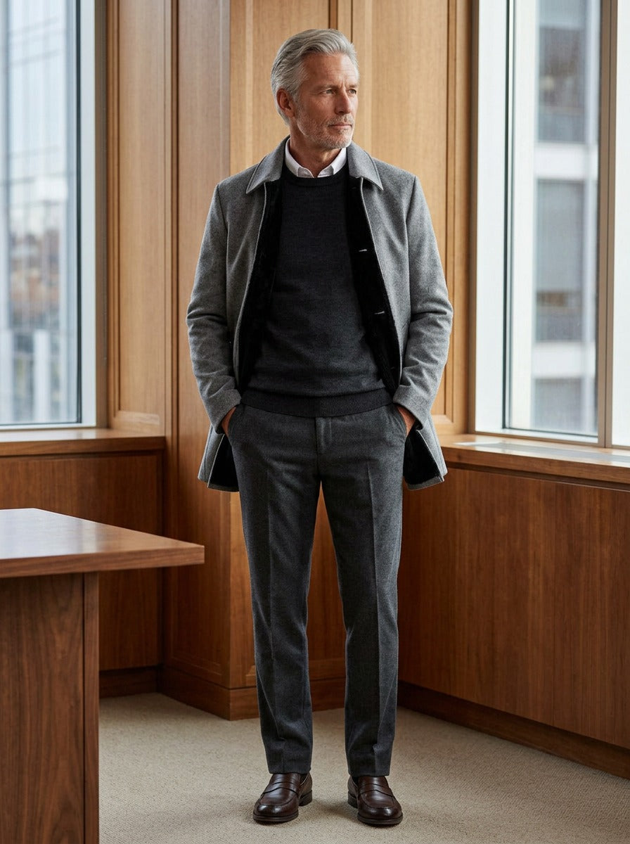 Danforth plush lined car coat in Grey, lifestyle in a timber paneled office, Gentlemens Manor
