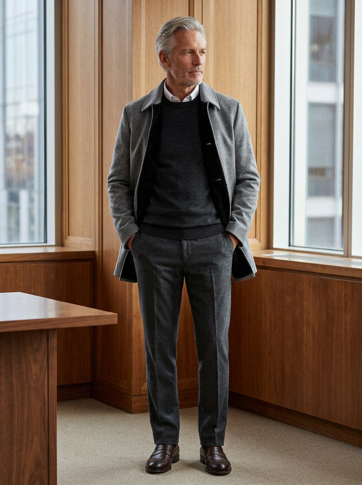 Danforth plush lined car coat in Grey, lifestyle in a timber paneled office, Gentlemens Manor