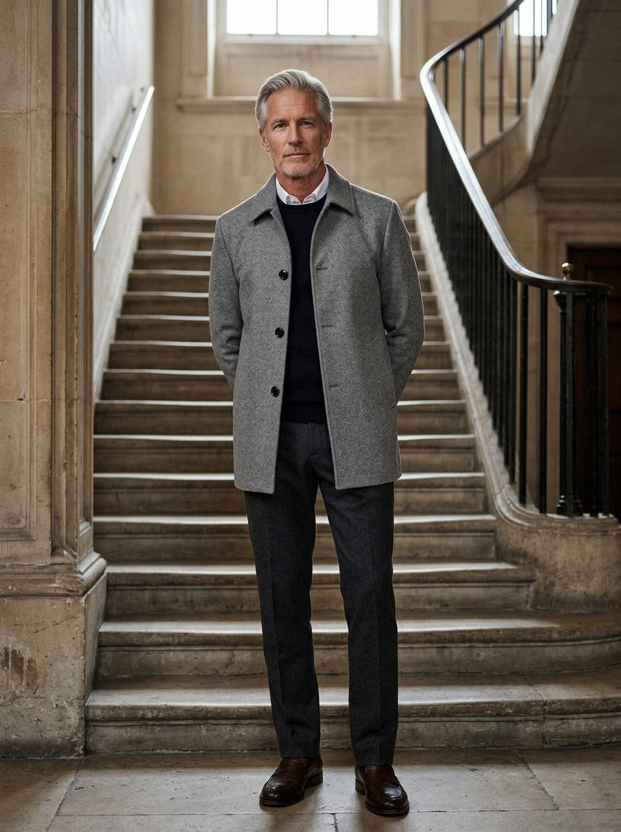Danforth plush lined car coat in Grey, lifestyle on a civic stone staircase, Gentlemens Manor