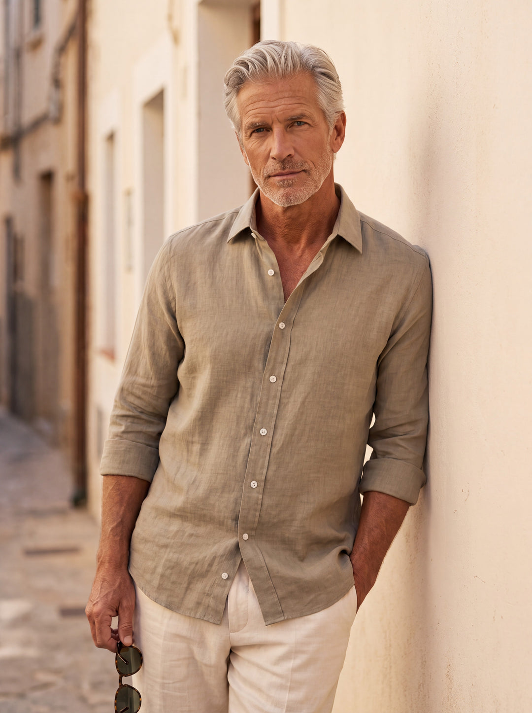 Daniel Men linen shirt in Sand, worn by a model on a Mediterranean terrace - Gentlemens Manor lifestyle