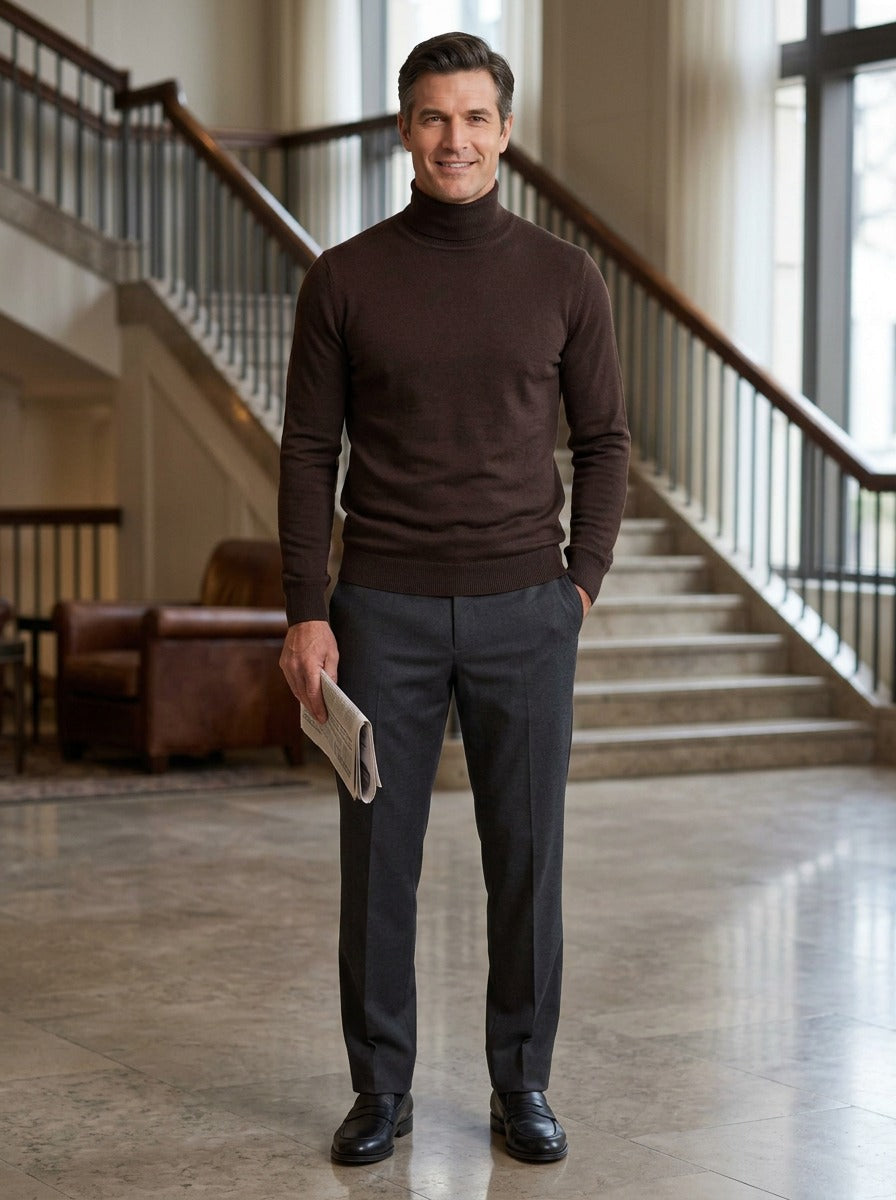 Danvers sweater in Brown, lifestyle in a hotel lobby, Gentlemens Manor