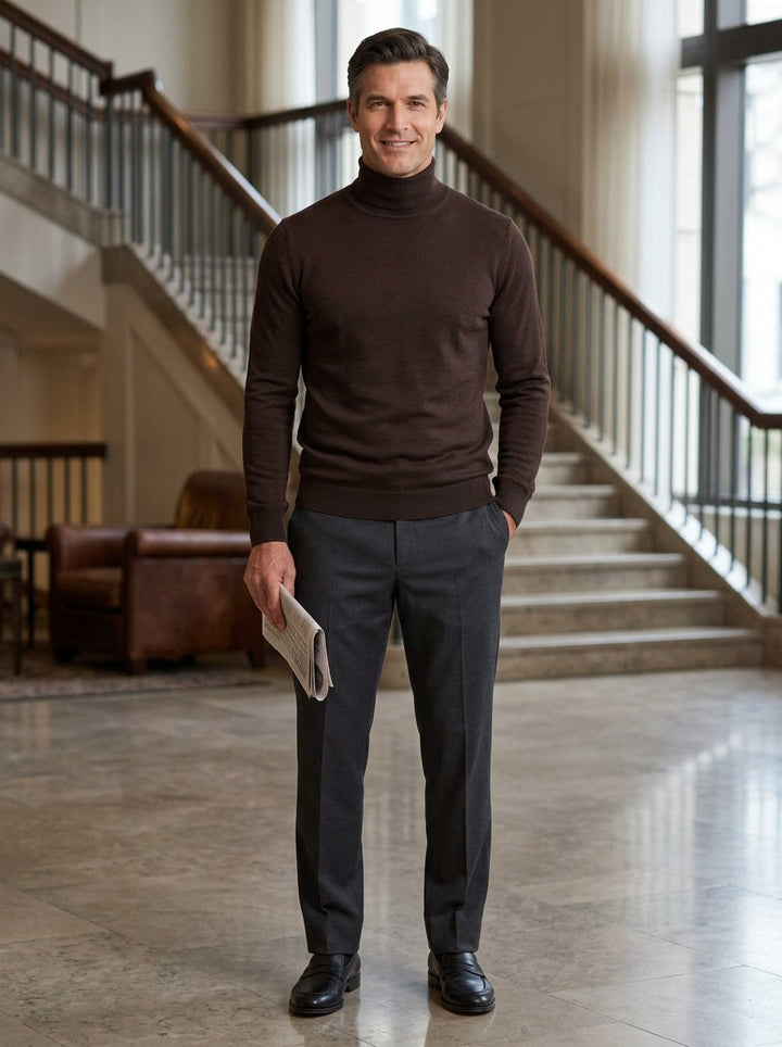 Danvers sweater in Brown, lifestyle in a hotel lobby, Gentlemens Manor