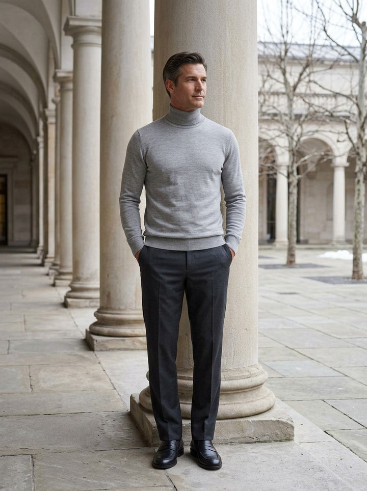 Danvers sweater in Light Grey, lifestyle in a stone colonnade, Gentlemens Manor