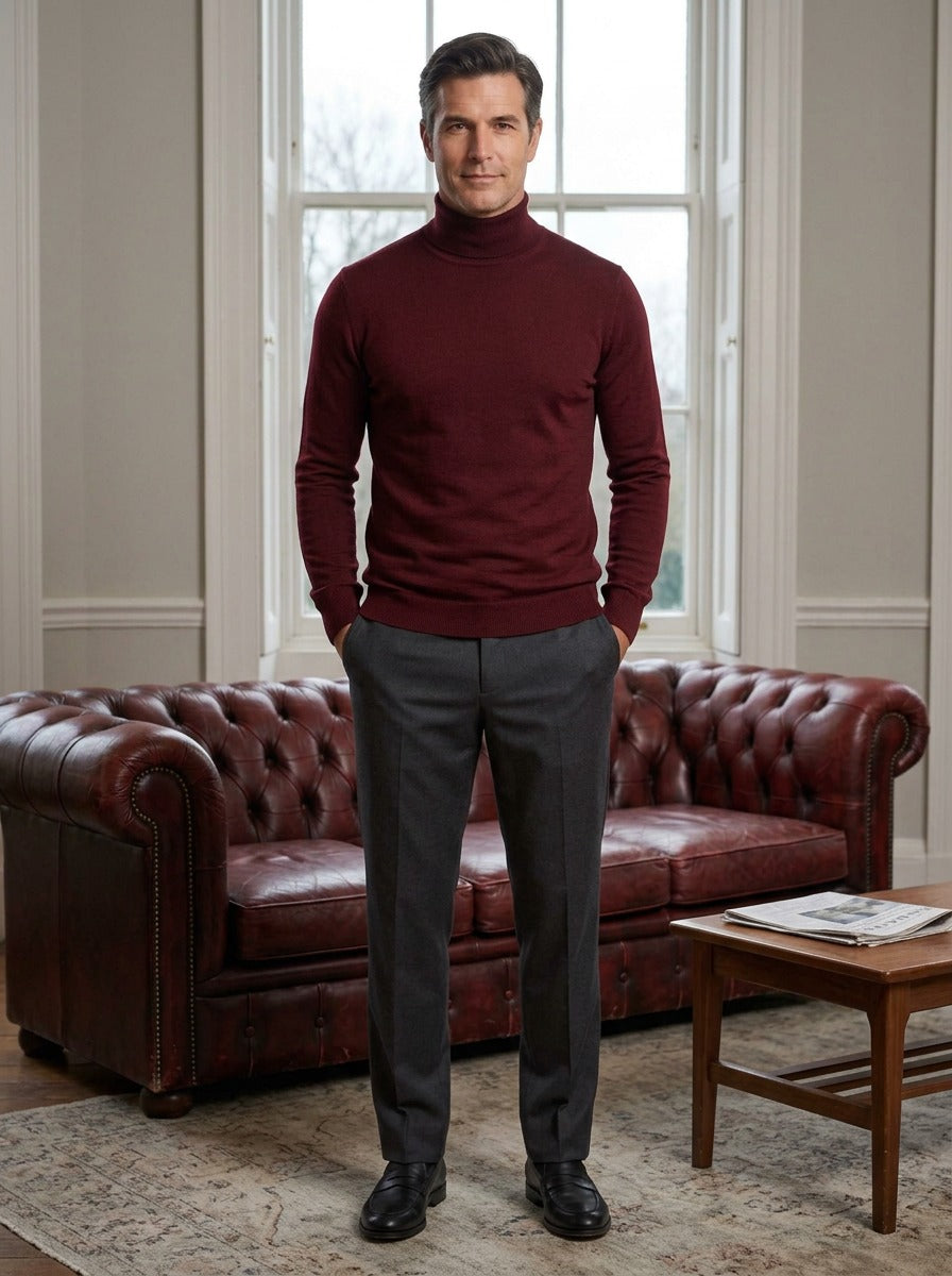 Danvers sweater in Red, lifestyle in a club reading room, Gentlemens Manor