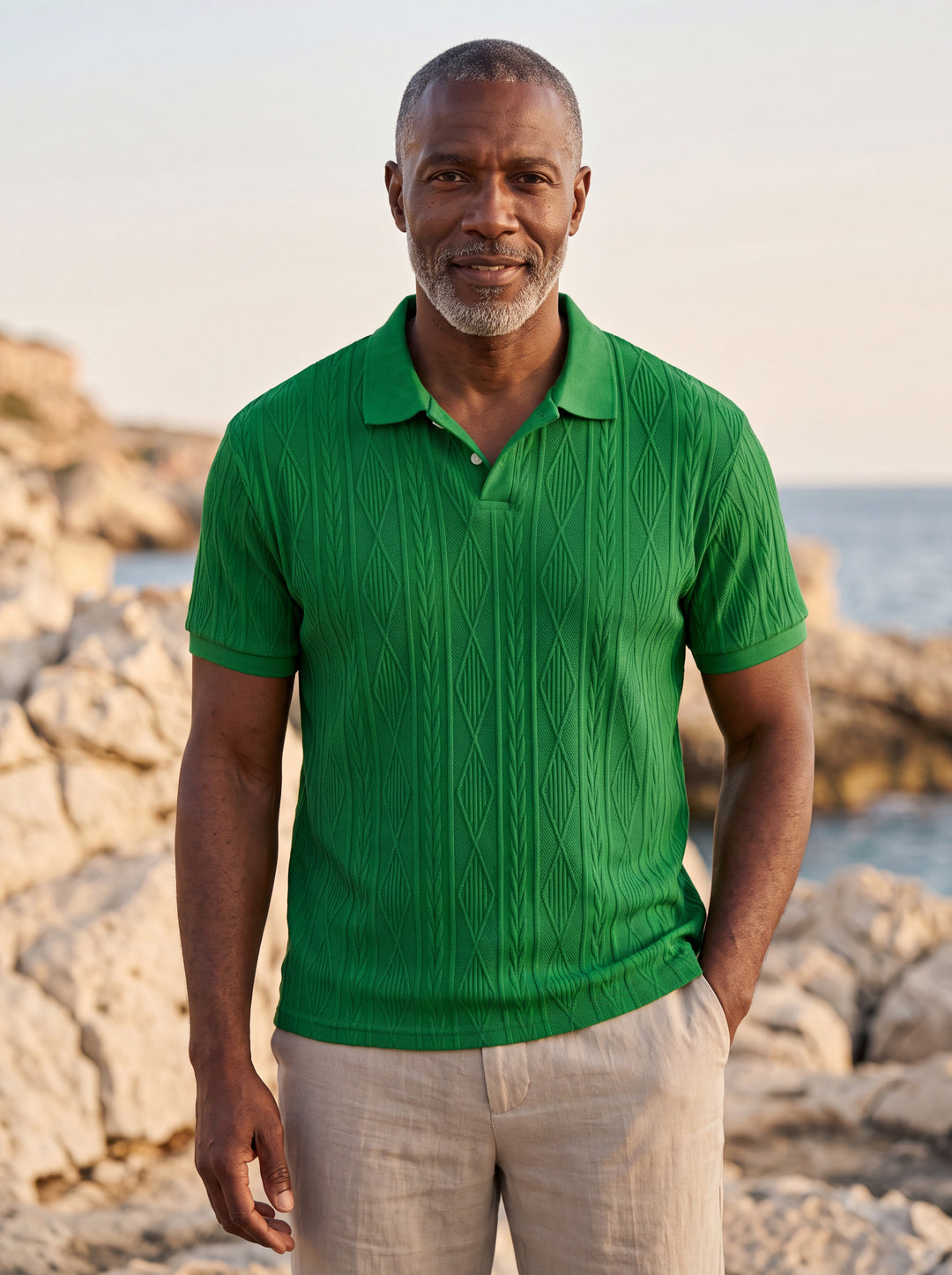 Darby Men polo shirt in Green, worn by a model on a Mediterranean terrace - Gentlemens Manor lifestyle