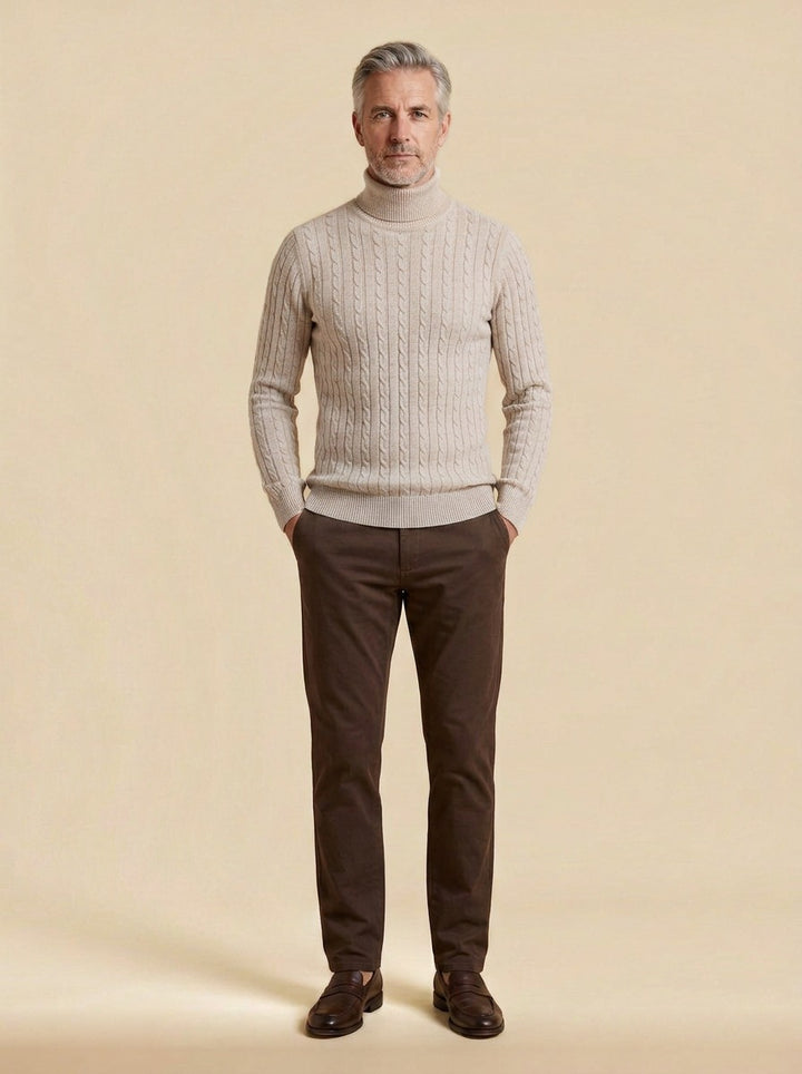 Darrow cable rib turtleneck sweater in Beige, studio, Gentlemens Manor