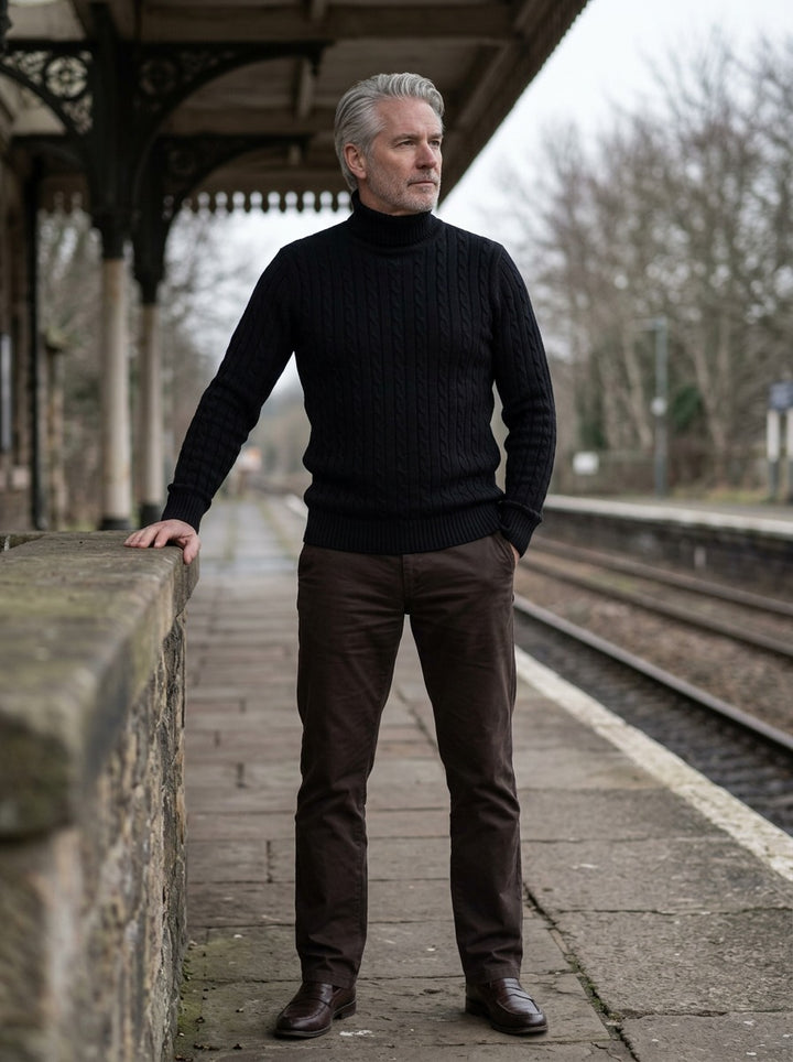 Darrow cable rib turtleneck sweater in Black, lifestyle on a railway platform, Gentlemens Manor