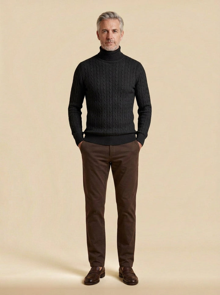 Darrow cable rib turtleneck sweater in Black, studio, Gentlemens Manor