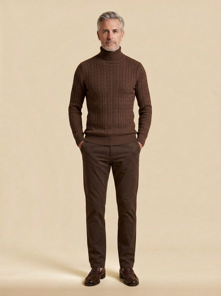 Darrow cable rib turtleneck sweater in Brown, studio, Gentlemens Manor
