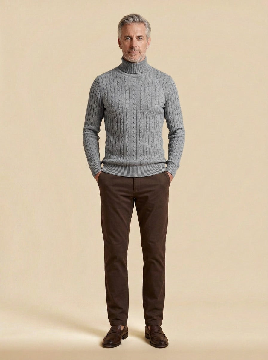 Darrow cable rib turtleneck sweater in Grey, studio, Gentlemens Manor
