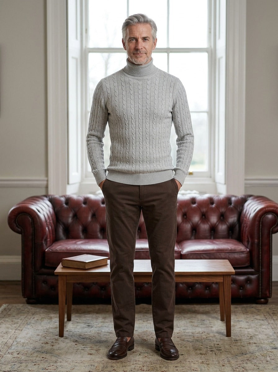 Darrow cable rib turtleneck sweater in Light Grey, lifestyle in a club reading room, Gentlemens Manor
