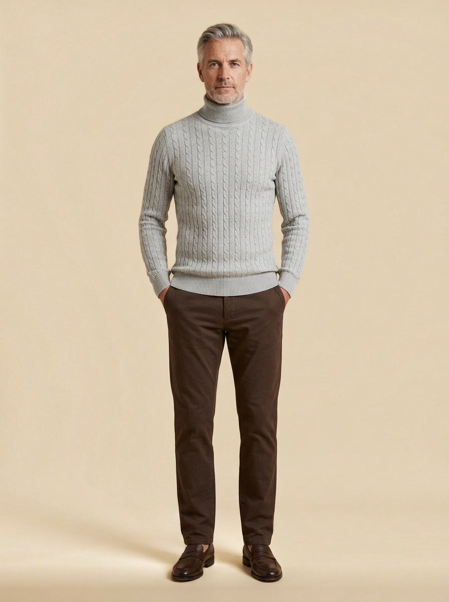Darrow cable rib turtleneck sweater in Light Grey, studio, Gentlemens Manor