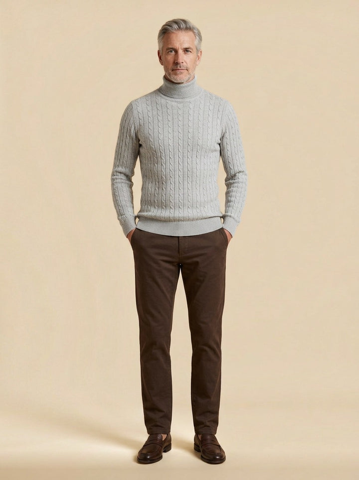 Darrow cable rib turtleneck sweater in Light Grey, studio, Gentlemens Manor