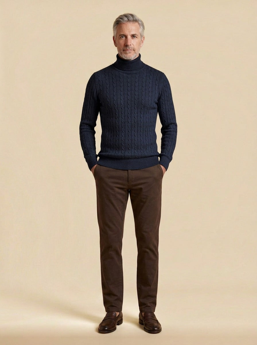 Darrow cable rib turtleneck sweater in Navy, studio, Gentlemens Manor