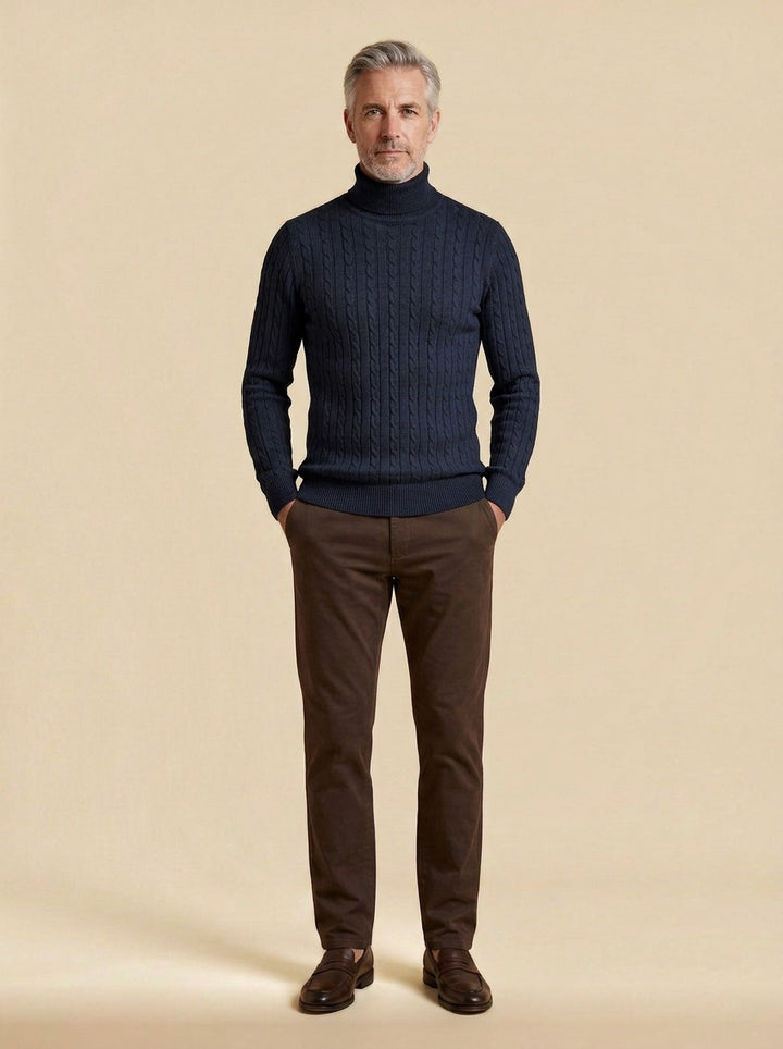 Darrow cable rib turtleneck sweater in Navy, studio, Gentlemens Manor