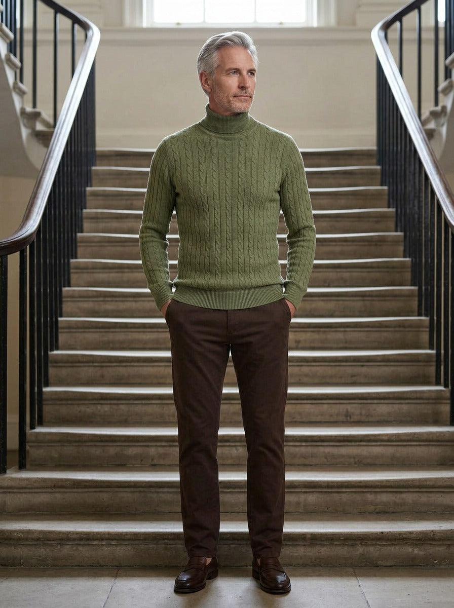 Darrow cable rib turtleneck sweater in Olive, lifestyle on a civic stone staircase, Gentlemens Manor