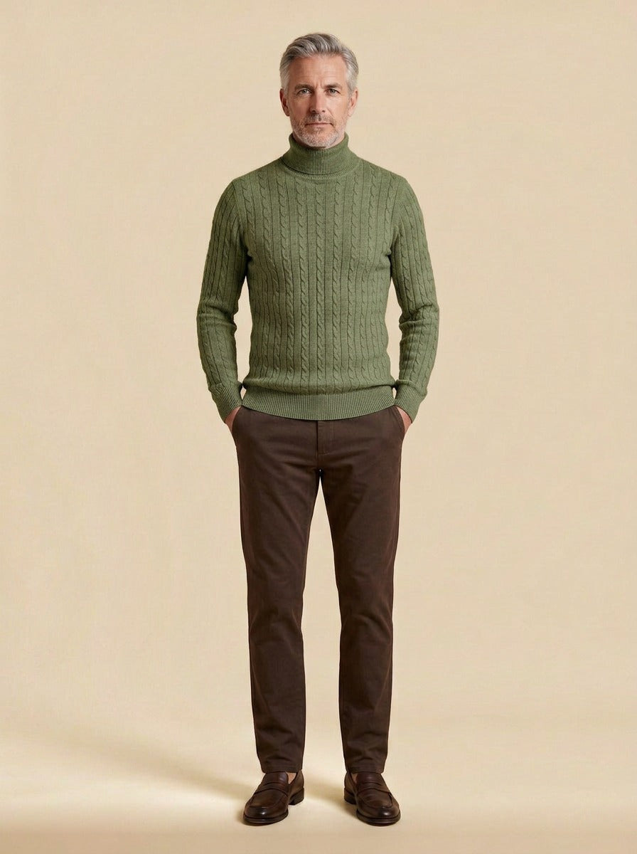 Darrow cable rib turtleneck sweater in Olive, studio, Gentlemens Manor