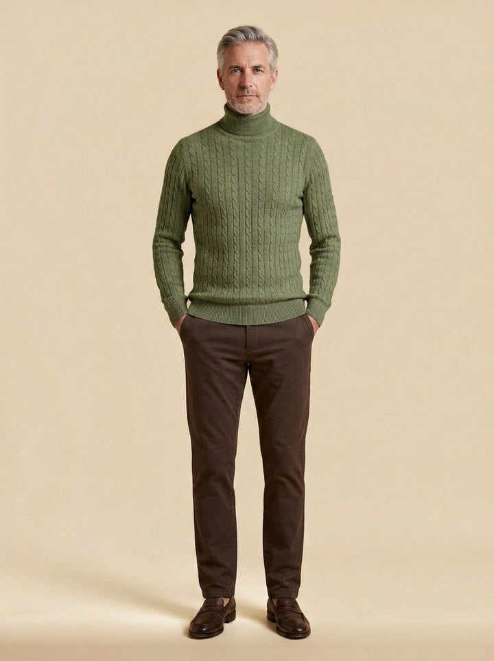 Darrow cable rib turtleneck sweater in Olive, studio, Gentlemens Manor