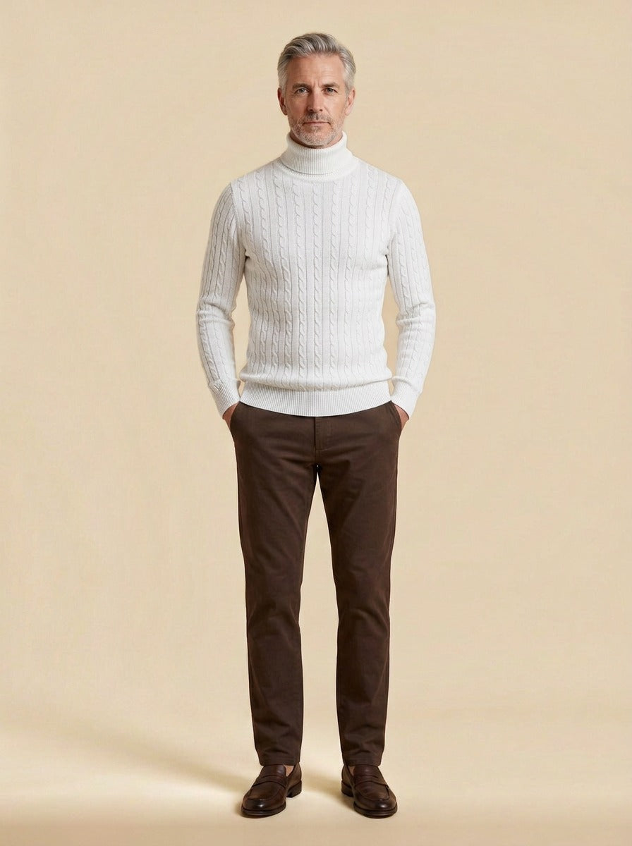 Darrow cable rib turtleneck sweater in White, studio, Gentlemens Manor